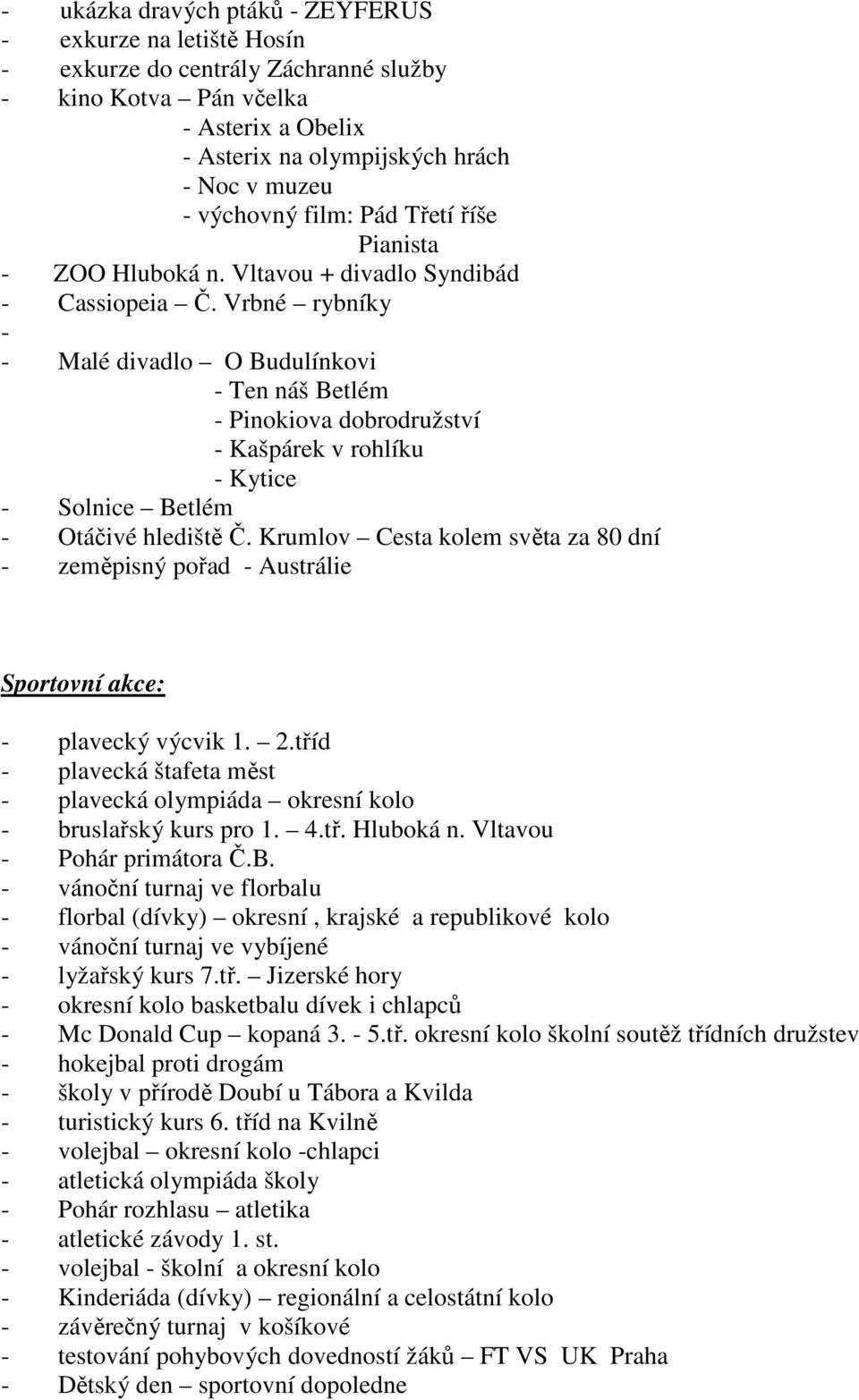 Vrbné rybníky - - Malé divadlo O Budulínkovi - Ten náš Betlém - Pinokiova dobrodružství - Kašpárek v rohlíku - Kytice - Solnice Betlém - Otáčivé hlediště Č.