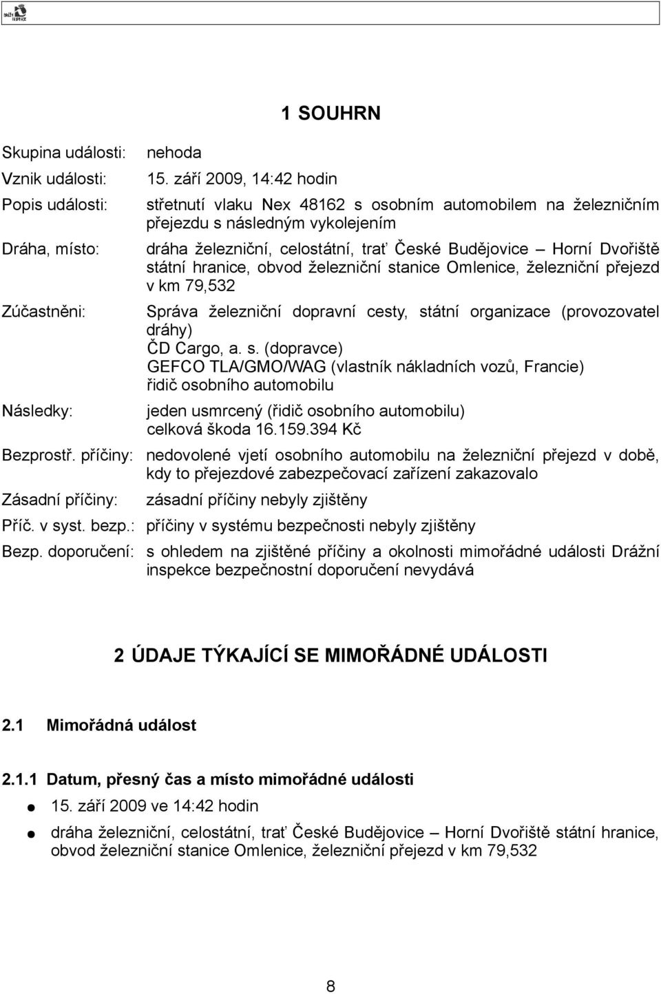 hranice, obvod železniční stanice Omlenice, železniční přejezd v km 79,532 Správa železniční dopravní cesty, státní organizace (provozovatel dráhy) ČD Cargo, a. s. (dopravce) GEFCO TLA/GMO/WAG (vlastník nákladních vozů, Francie) řidič osobního automobilu jeden usmrcený (řidič osobního automobilu) celková škoda 16.