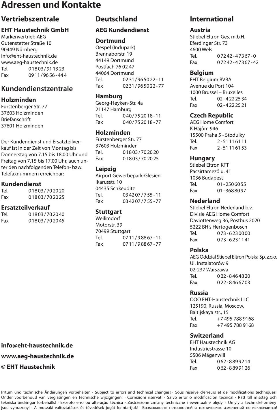 77 37603 Holzminden Briefanschrift 37601 Holzminden Der Kundendienst und Ersatzteilverkauf ist in der Zeit von Montag bis Donnerstag von 7.15 bis 18.00 Uhr und Freitag von 7.15 bis 17.