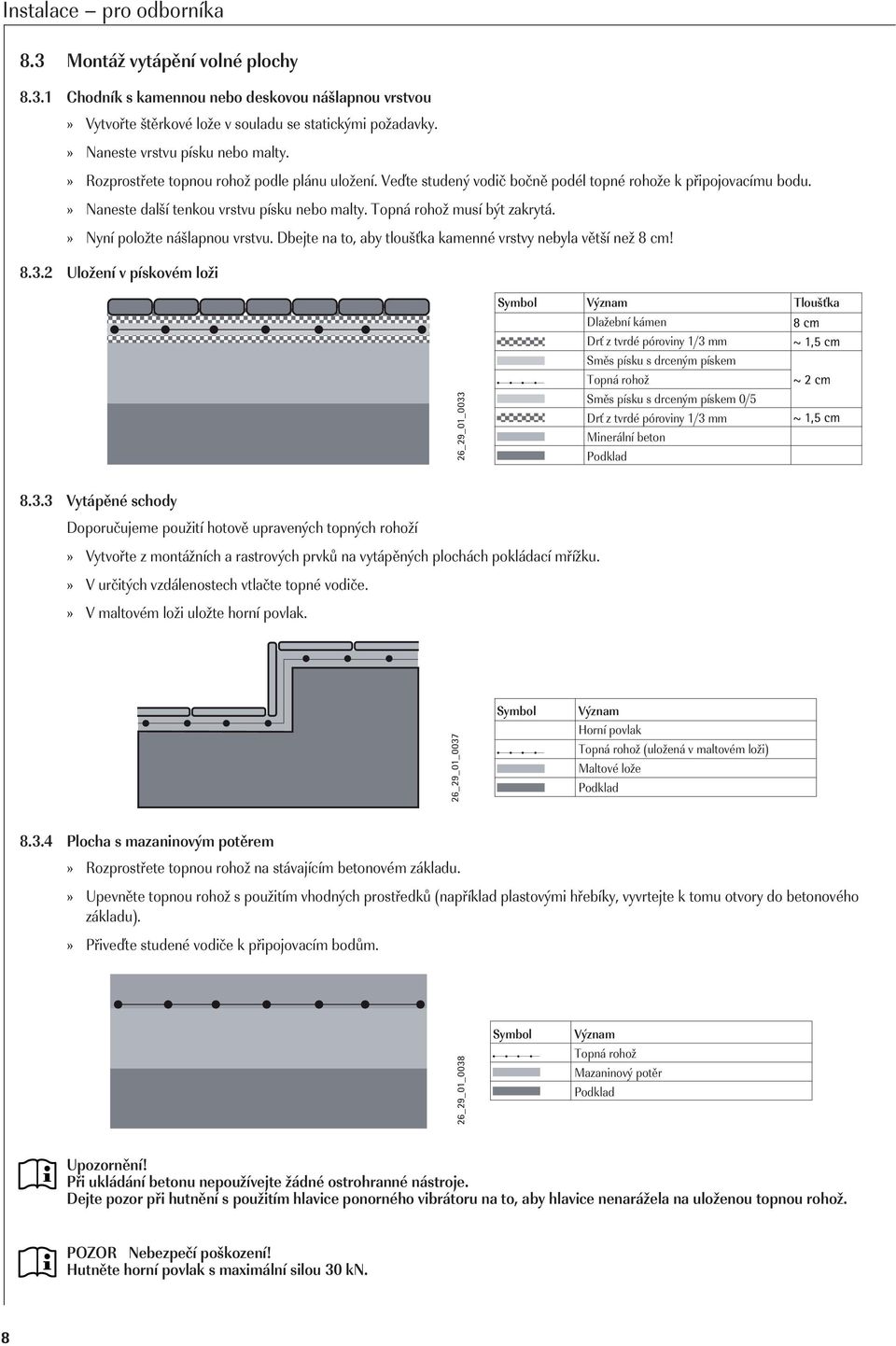» Nyní položte nášlapnou vrstvu. Dbejte na to, aby tloušťka kamenné vrstvy nebyla větší než 8 cm! 8.3.