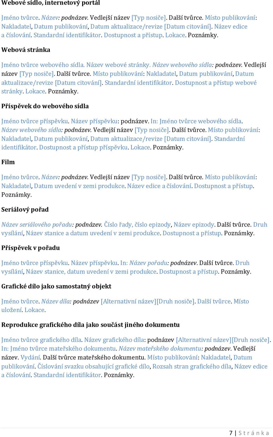 Vedlejší název [Typ nosiče]. Další tvůrce. Místo publikování: Nakladatel, Datum publikování, Datum aktualizace/revize [Datum citování]. Standardní identifikátor. Dostupnost a přístup webové stránky.