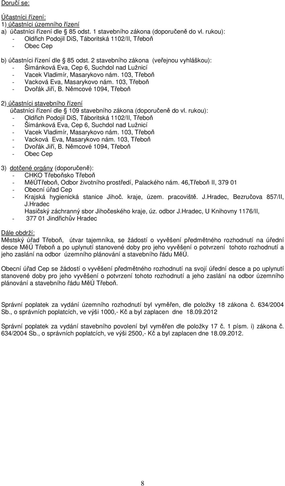 2 stavebního zákona (veřejnou vyhláškou): - Šimánková Eva, Cep 6, Suchdol nad Lužnicí - Vacek Vladimír, Masarykovo nám. 103, Třeboň - Vacková Eva, Masarykovo nám. 103, Třeboň - Dvořák Jiří, B.