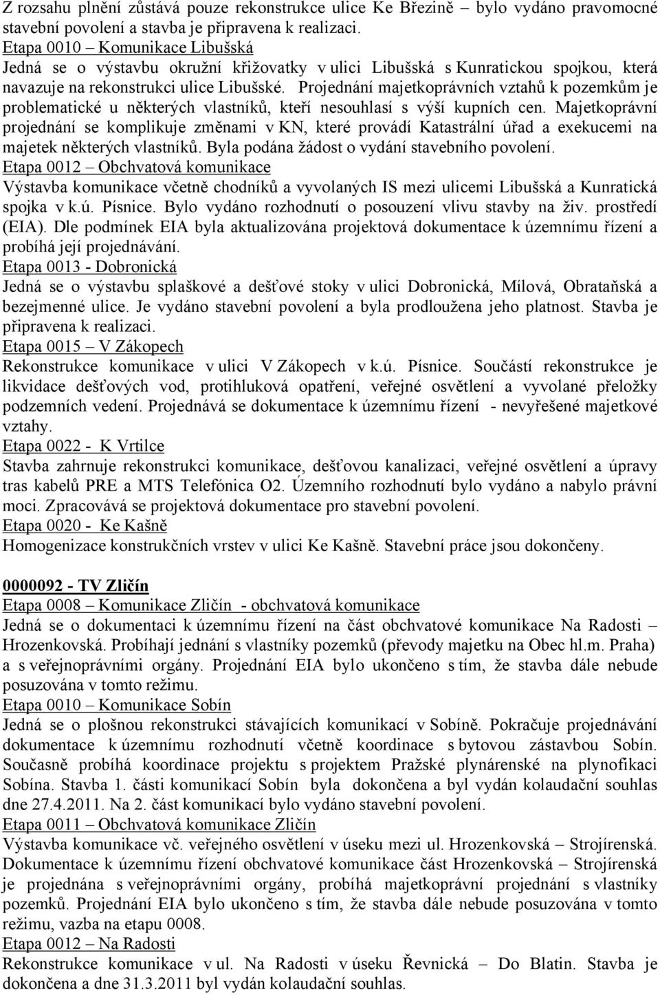 Projednání majetkoprávních vztahů k pozemkům je problematické u některých vlastníků, kteří nesouhlasí s výší kupních cen.