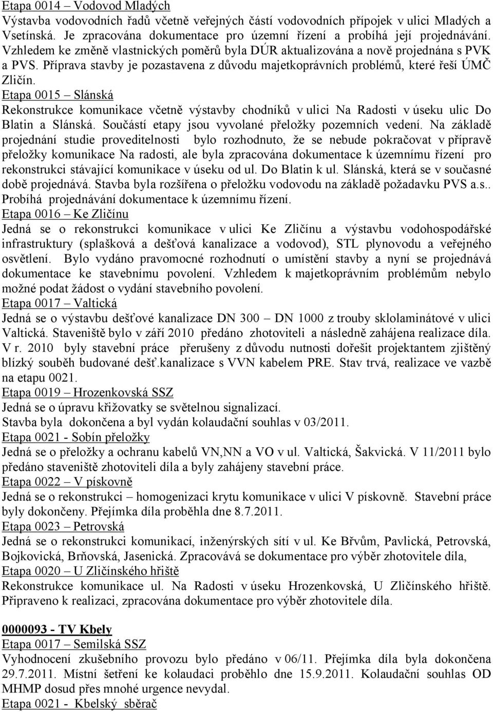 Etapa 0015 Slánská Rekonstrukce komunikace včetně výstavby chodníků v ulici Na Radosti vúseku ulic Do Blatin a Slánská. Součástí etapy jsou vyvolané přeložky pozemních vedení.