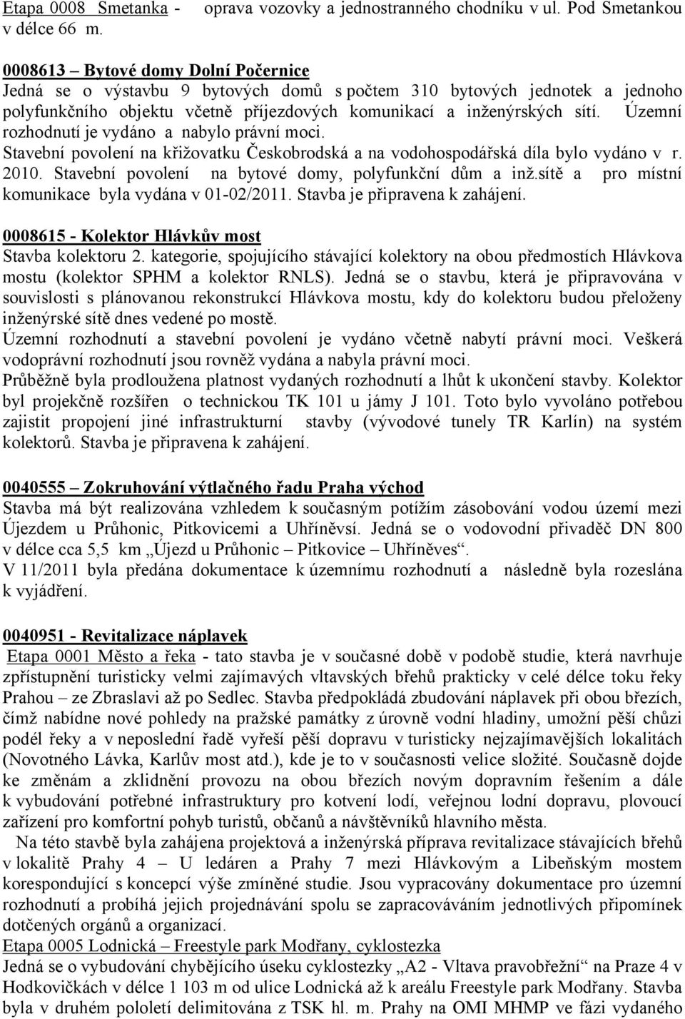 Územní rozhodnutí je vydáno a nabylo právní moci. Stavební povolení na křižovatku Českobrodská a na vodohospodářská díla bylo vydáno v r. 2010. Stavební povolení na bytové domy, polyfunkční dům a inž.