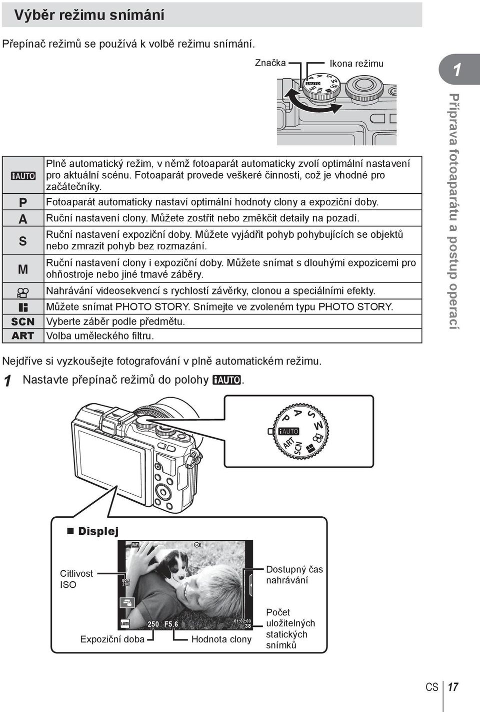 Fotoaparát provede veškeré činnosti, což je vhodné pro začátečníky. Fotoaparát automaticky nastaví optimální hodnoty clony a expoziční doby. Ruční nastavení clony.