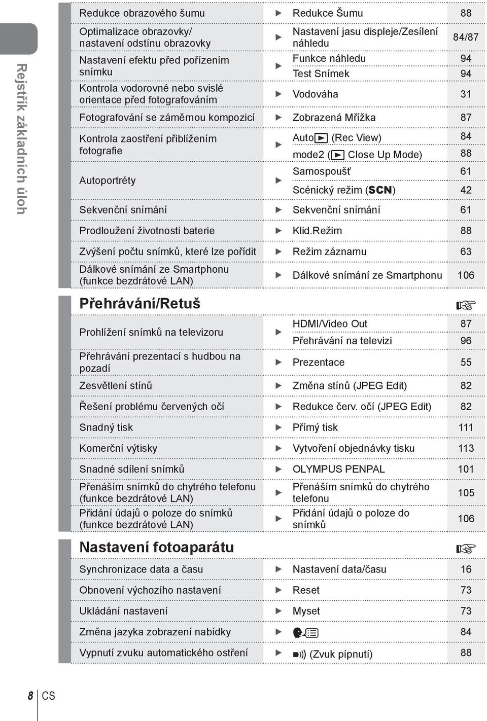 Autoq (Rec View) 84 fotografi e mode2 (q Close Up Mode) 88 Samospoušť 6 Autoportréty Scénický režim (SCN) 42 Sekvenční snímání Sekvenční snímání 6 Prodloužení životnosti baterie Klid.