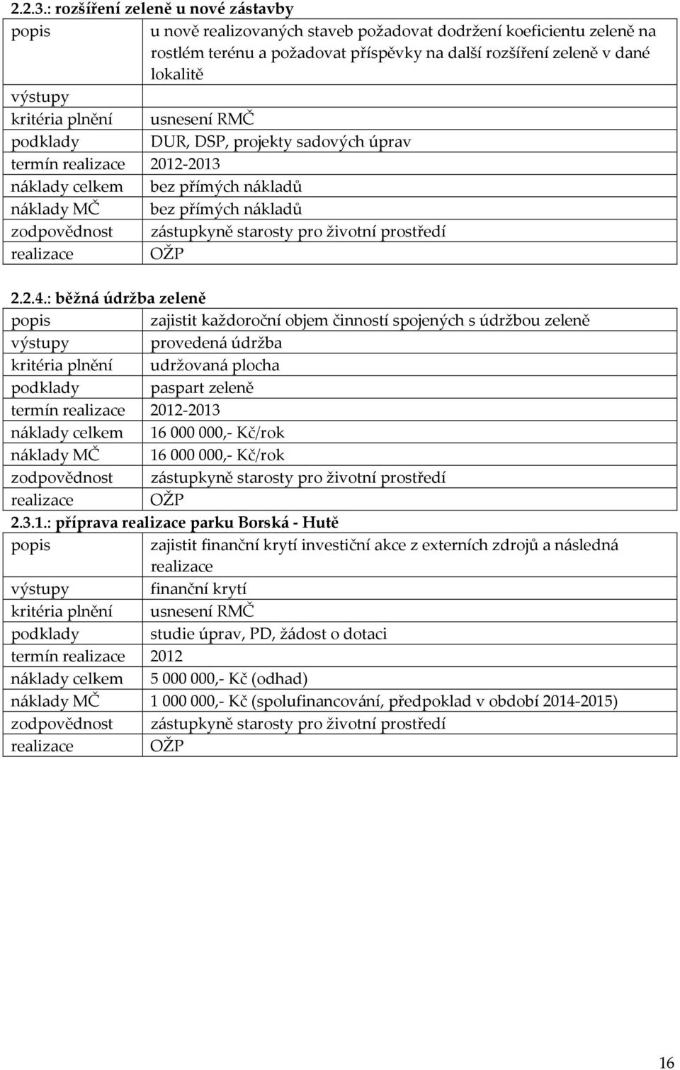 kritéria plnění usnesení RMČ podklady DUR, DSP, projekty sadových úprav náklady celkem bez přímých nákladů zodpovědnost zástupkyně starosty pro životní prostředí realizace OŽP 2.2.4.