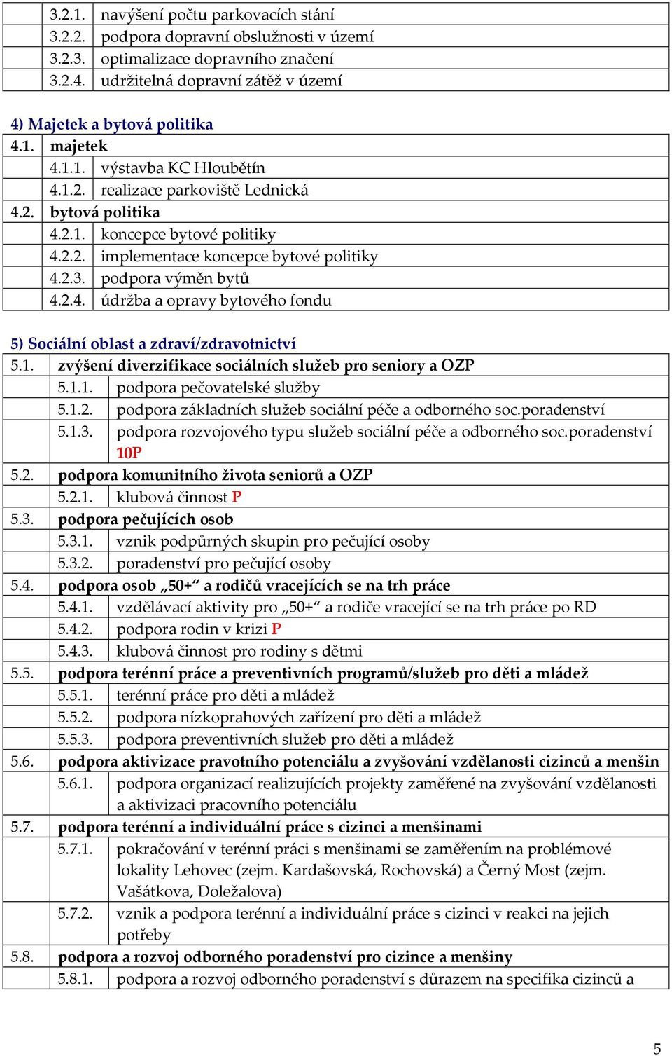 1. zvýšení diverzifikace sociálních služeb pro seniory a OZP 5.1.1. podpora pečovatelské služby 5.1.2. podpora základních služeb sociální péče a odborného soc.poradenství 5.1.3.