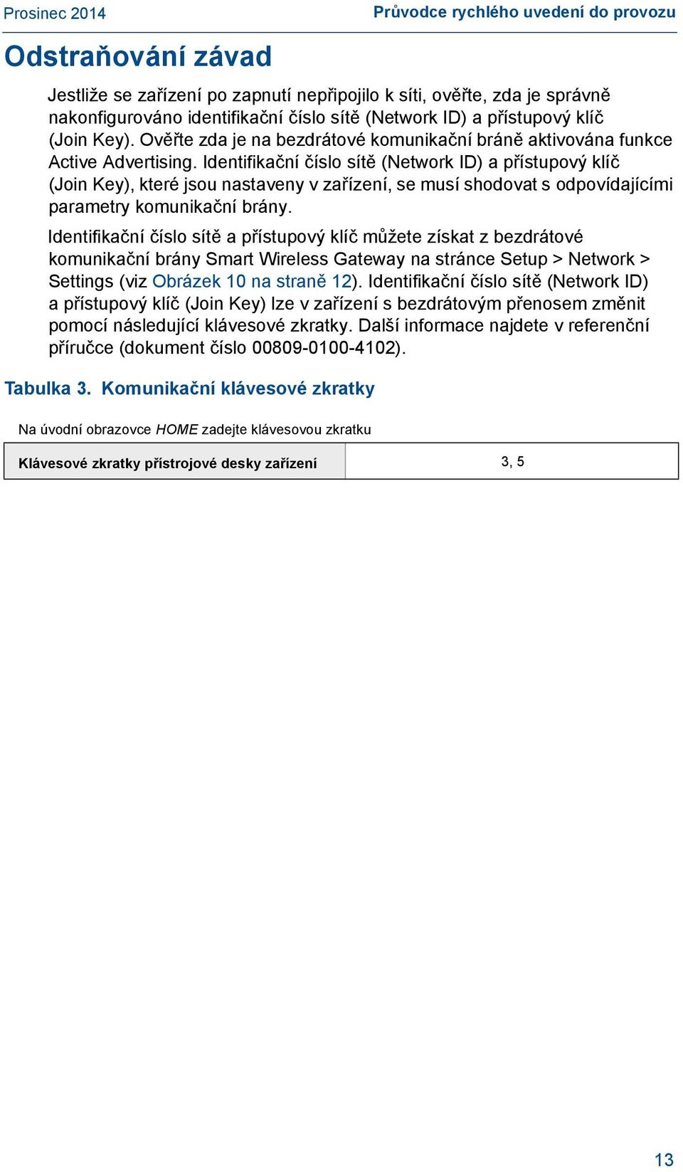 Identifikační číslo sítě (Network ID) a přístupový klíč (Join Key), které jsou nastaveny v zařízení, se musí shodovat s odpovídajícími parametry komunikační brány.