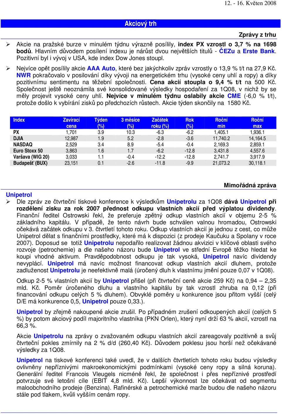 NWR pokraovalo v posilování díky vývoji na energetickém trhu (vysoké ceny uhlí a ropy) a díky pozitivnímu sentimentu na tžební spolenosti. Cena akcií stoupla o 9,4 % t/t na 500 K.