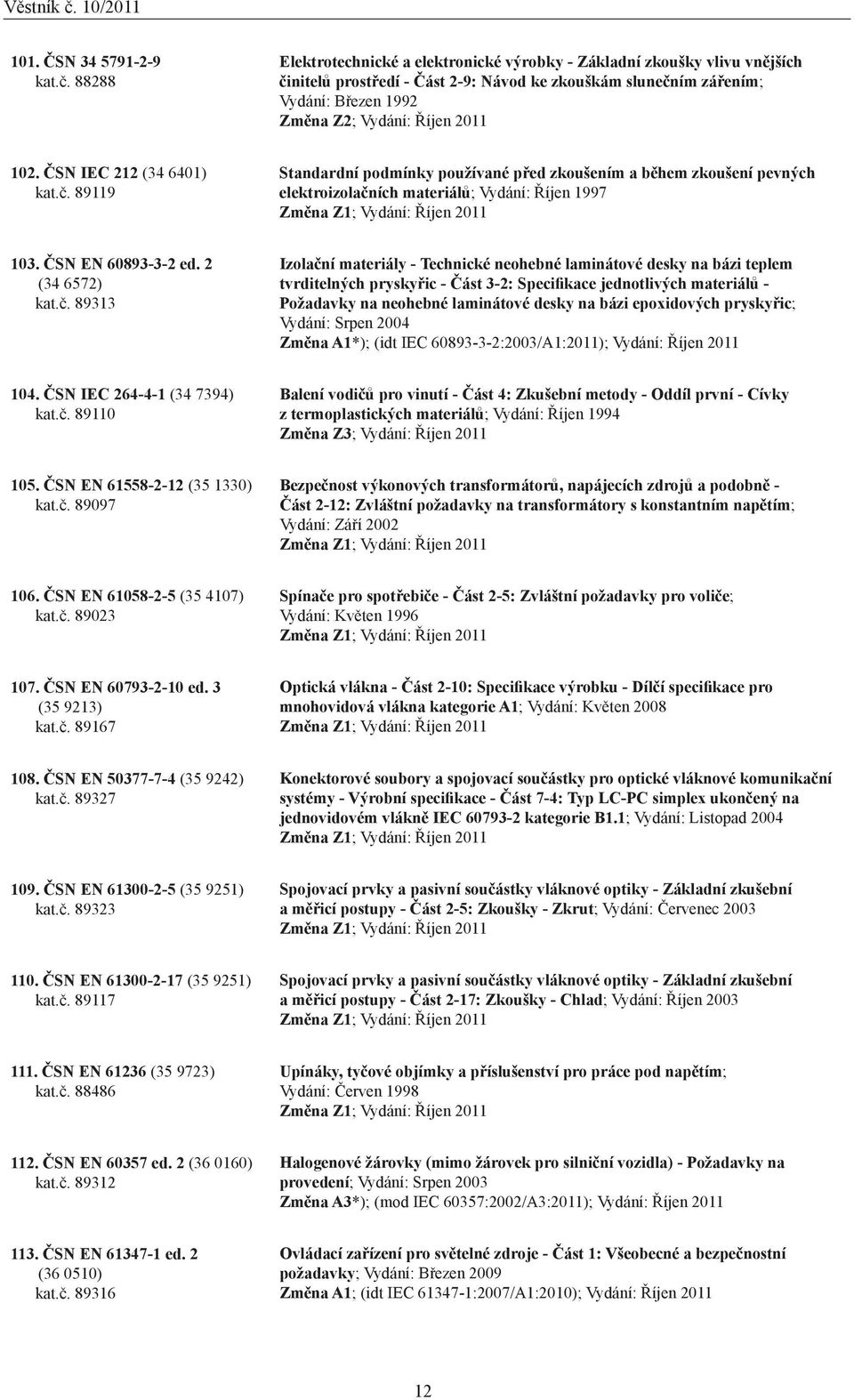 102. ČSN IEC 212 (34 6401) kat.č. 89119 Standardní podmínky používané před zkoušením a během zkoušení pevných elektroizolačních materiálů; Vydání: Říjen 1997 Změna Z1; Vydání: Říjen 2011 103.