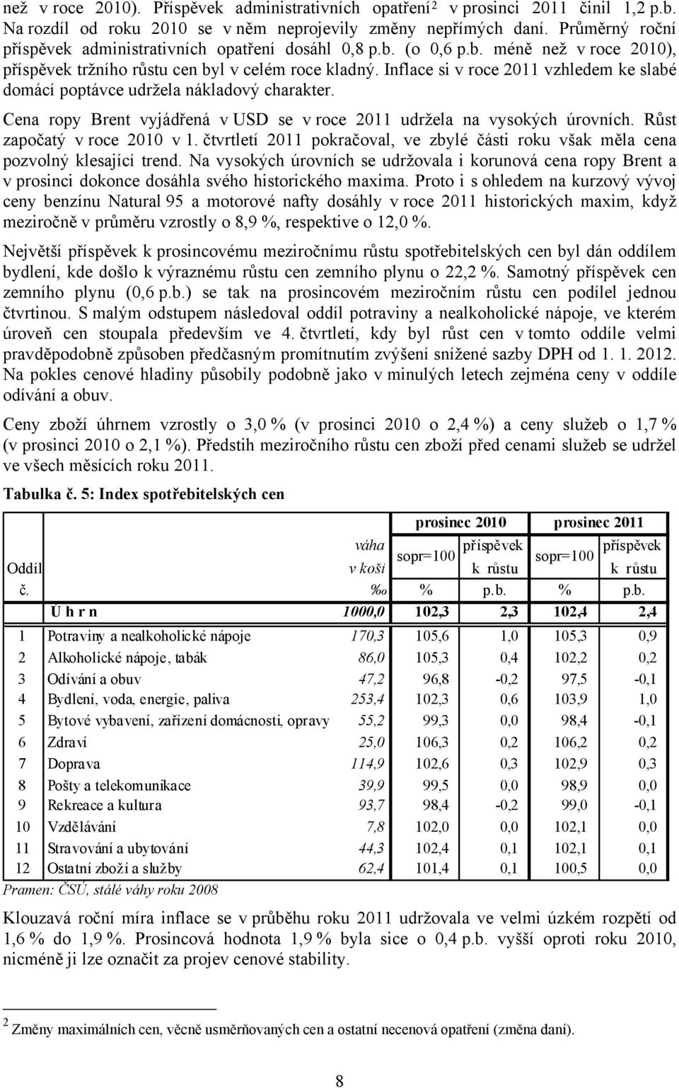 Inflace si v roce 2011 vzhledem ke slabé domácí poptávce udržela nákladový charakter. Cena ropy Brent vyjádřená v USD se v roce 2011 udržela na vysokých úrovních. Růst započatý v roce 20 v 1.