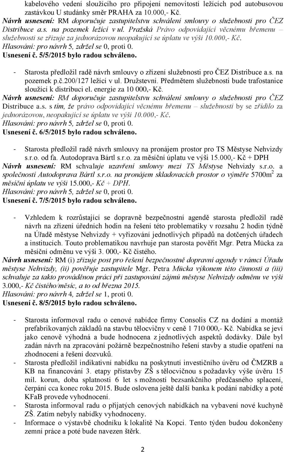 Pražská Právo odpovídající věcnému břemenu služebnosti se zřizuje za jednorázovou neopakující se úplatu ve výši 10.000,- Kč. Usnesení č. 5/5/2015 bylo radou schváleno.