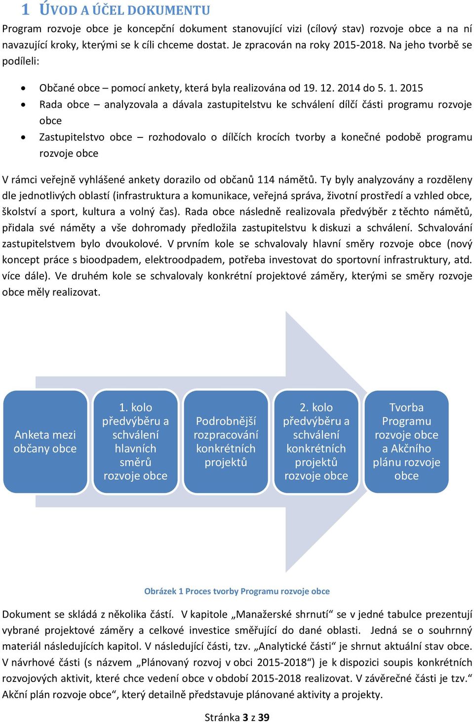 . 12. 2014 do 5. 1. 2015 Rada obce analyzovala a dávala zastupitelstvu ke schválení dílčí části programu rozvoje obce Zastupitelstvo obce rozhodovalo o dílčích krocích tvorby a konečné podobě