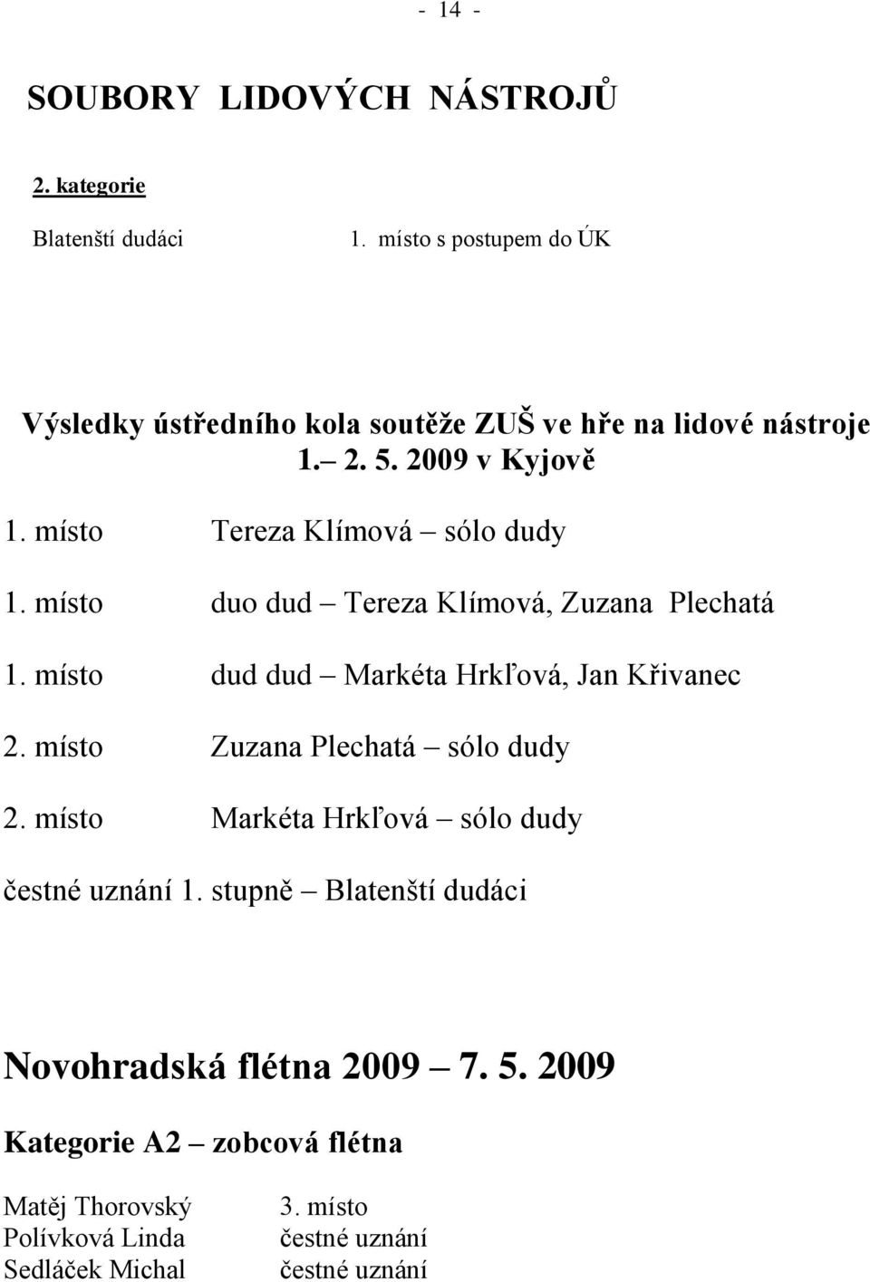 místo Tereza Klímová sólo dudy 1. místo duo dud Tereza Klímová, Zuzana Plechatá 1.