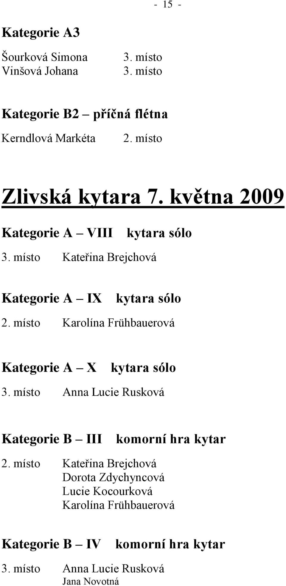 Frühbauerová Kategorie A X kytara sólo Anna Lucie Rusková Kategorie B III komorní hra kytar Kateřina Brejchová