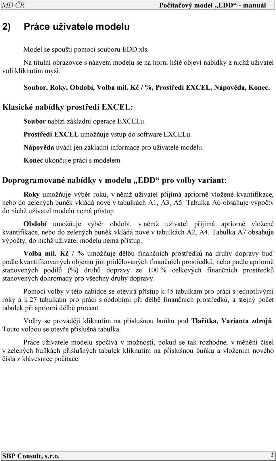 Klasické nabídky prostředí EXCEL: Soubor nabízí základní operace EXCELu. Prostředí EXCEL umožňuje vstup do software EXCELu. Nápověda uvádí jen základní informace pro uživatele modelu.