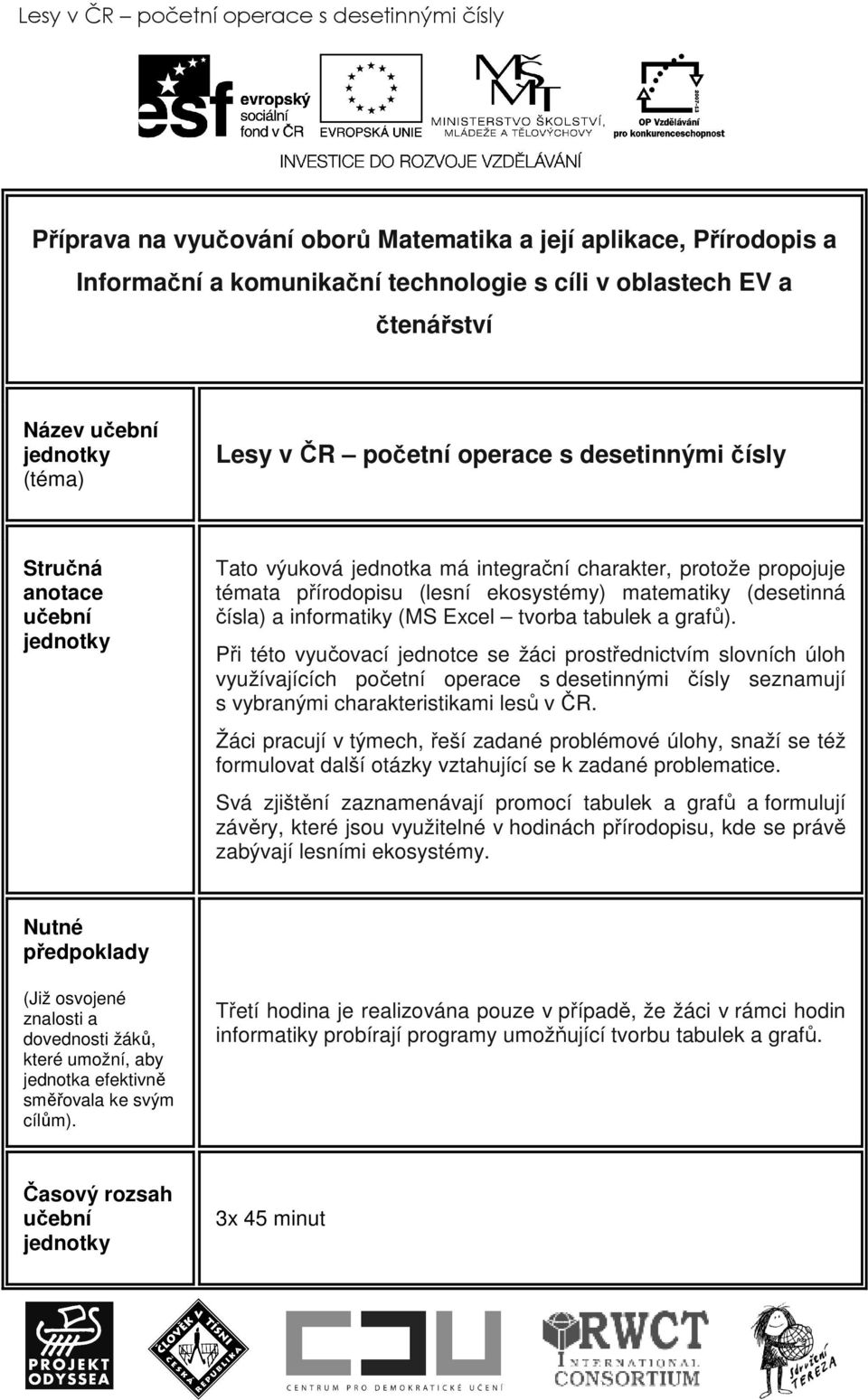 matematiky (desetinná čísla) a informatiky (MS Excel tvorba tabulek a grafů).