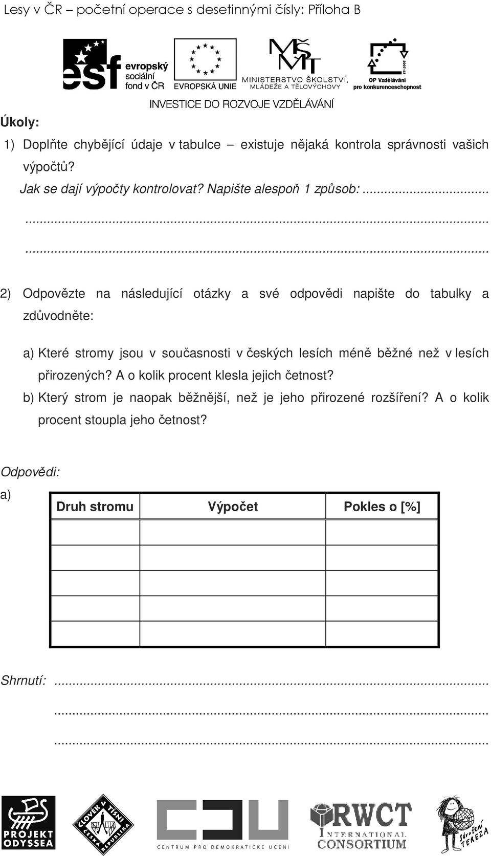 .. 2) Odpovězte na následující otázky a své odpovědi napište do tabulky a zdůvodněte: a) Které stromy jsou v současnosti v českých lesích méně běžné