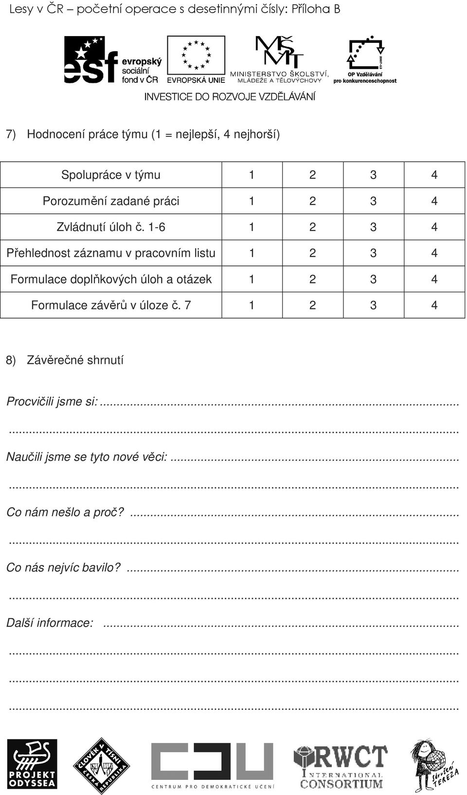 1-6 1 2 3 4 Přehlednost záznamu v pracovním listu 1 2 3 4 Formulace doplňkových úloh a otázek 1 2 3 4 Formulace závěrů v