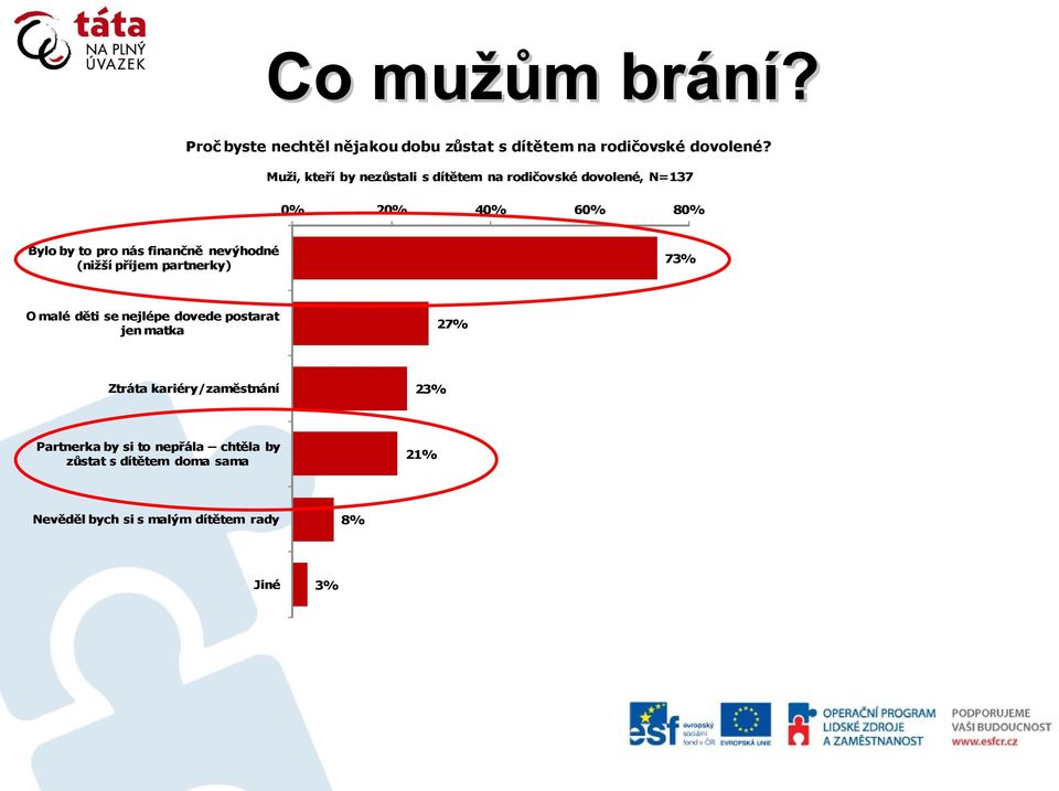 finančně nevýhodné (nižší příjem partnerky) 73% O malé děti se nejlépe dovede postarat jen matka 27% Ztráta