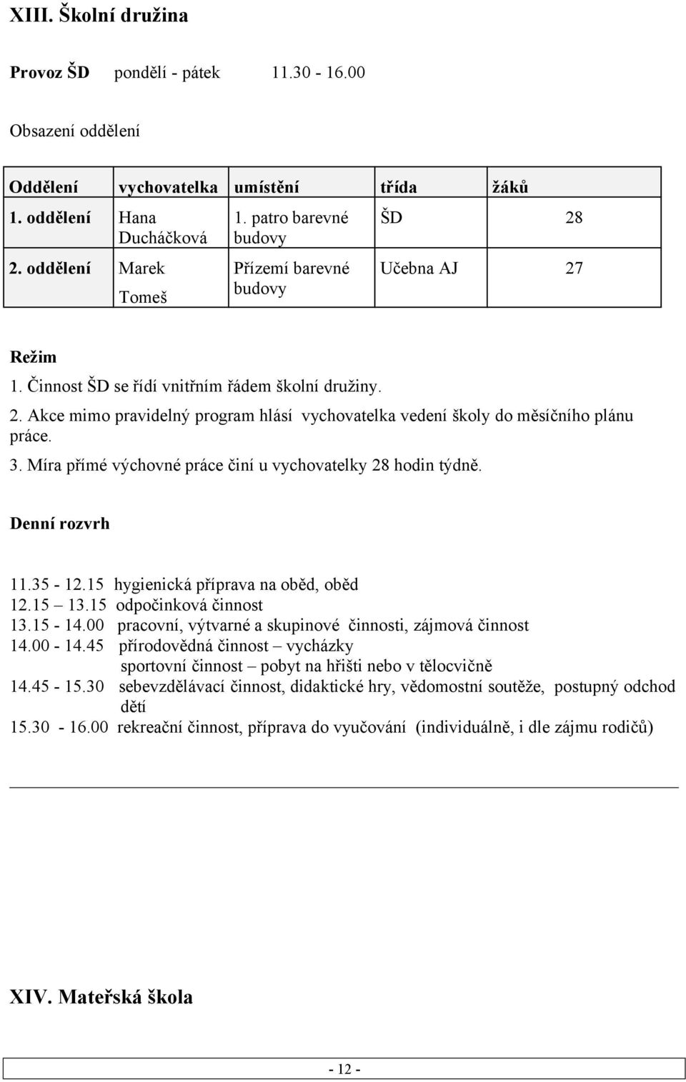 3. Míra přímé výchovné práce činí u vychovatelky 28 hodin týdně. Denní rozvrh 11.35-12.15 hygienická příprava na oběd, oběd 12.15 13.15 odpočinková činnost 13.15-14.