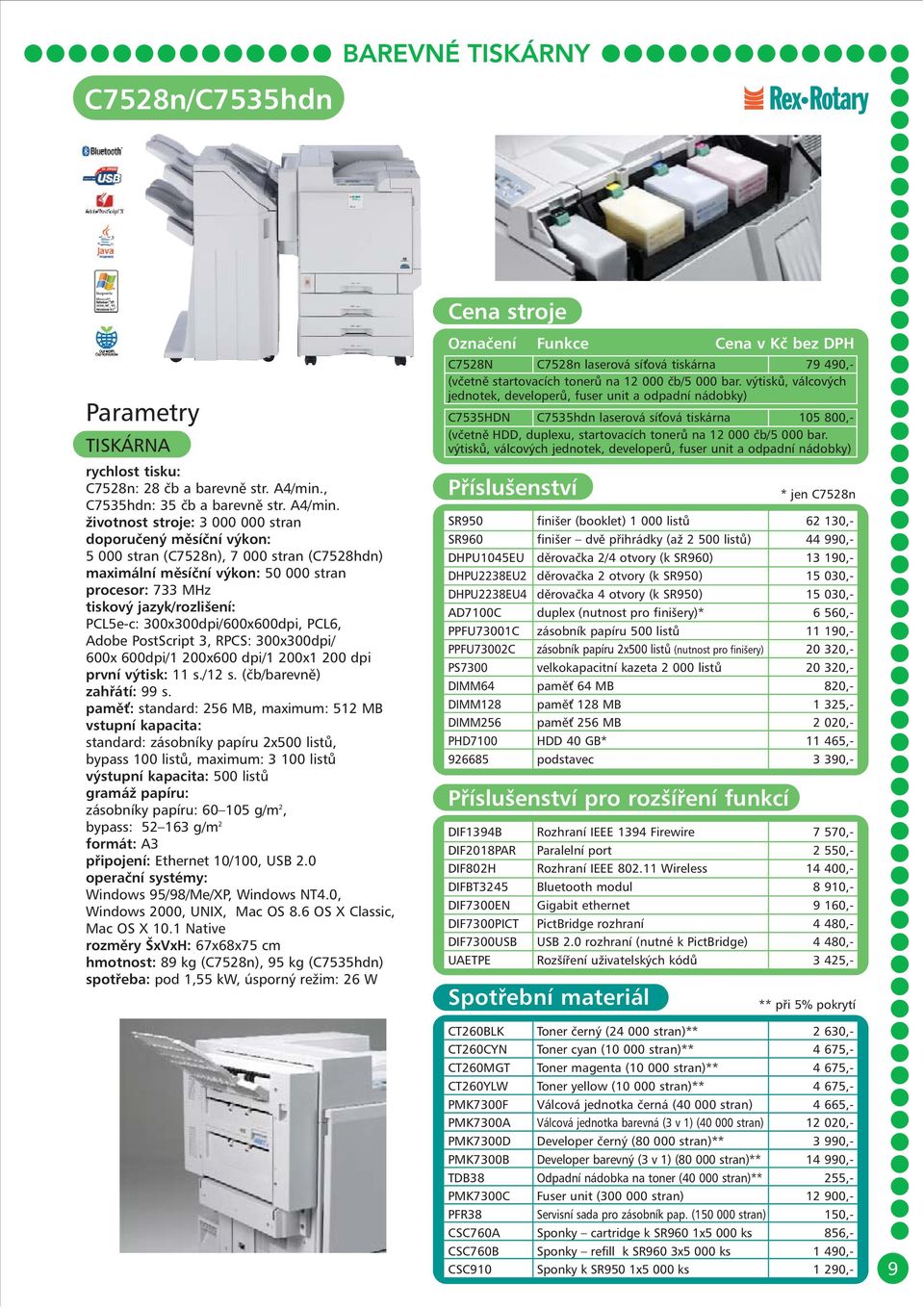 životnost stroje: 3 000 000 stran doporučený měsíční výkon: 5 000 stran (C7528n), 7 000 stran (C7528hdn) maximální měsíční výkon: 50 000 stran procesor: 733 MHz tiskový jazyk/rozlišení: PCL5e-c: