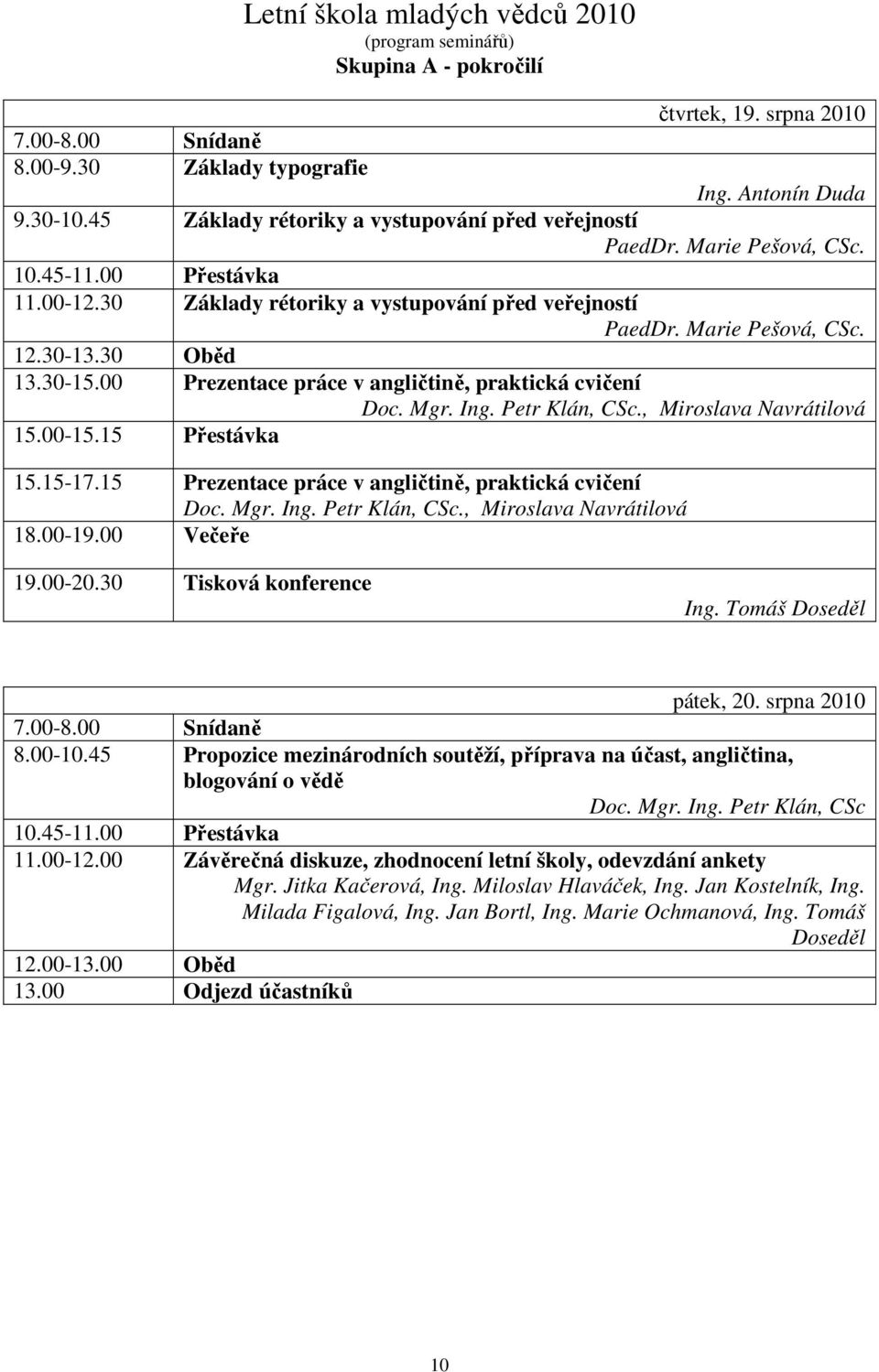 30 Oběd 13.30-15.00 Prezentace práce v angličtině, praktická cvičení Doc. Mgr. Ing. Petr Klán, CSc., Miroslava Navrátilová 15.00-15.15 Přestávka 15.15-17.