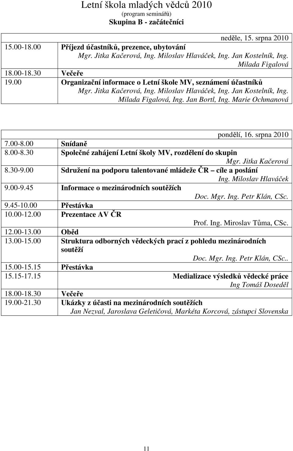 Milada Figalová, Ing. Jan Bortl, Ing. Marie Ochmanová pondělí, 16. srpna 2010 7.00-8.00 Snídaně 8.00-8.30 Společné zahájení Letní školy MV, rozdělení do skupin Mgr. Jitka Kačerová 8.30-9.