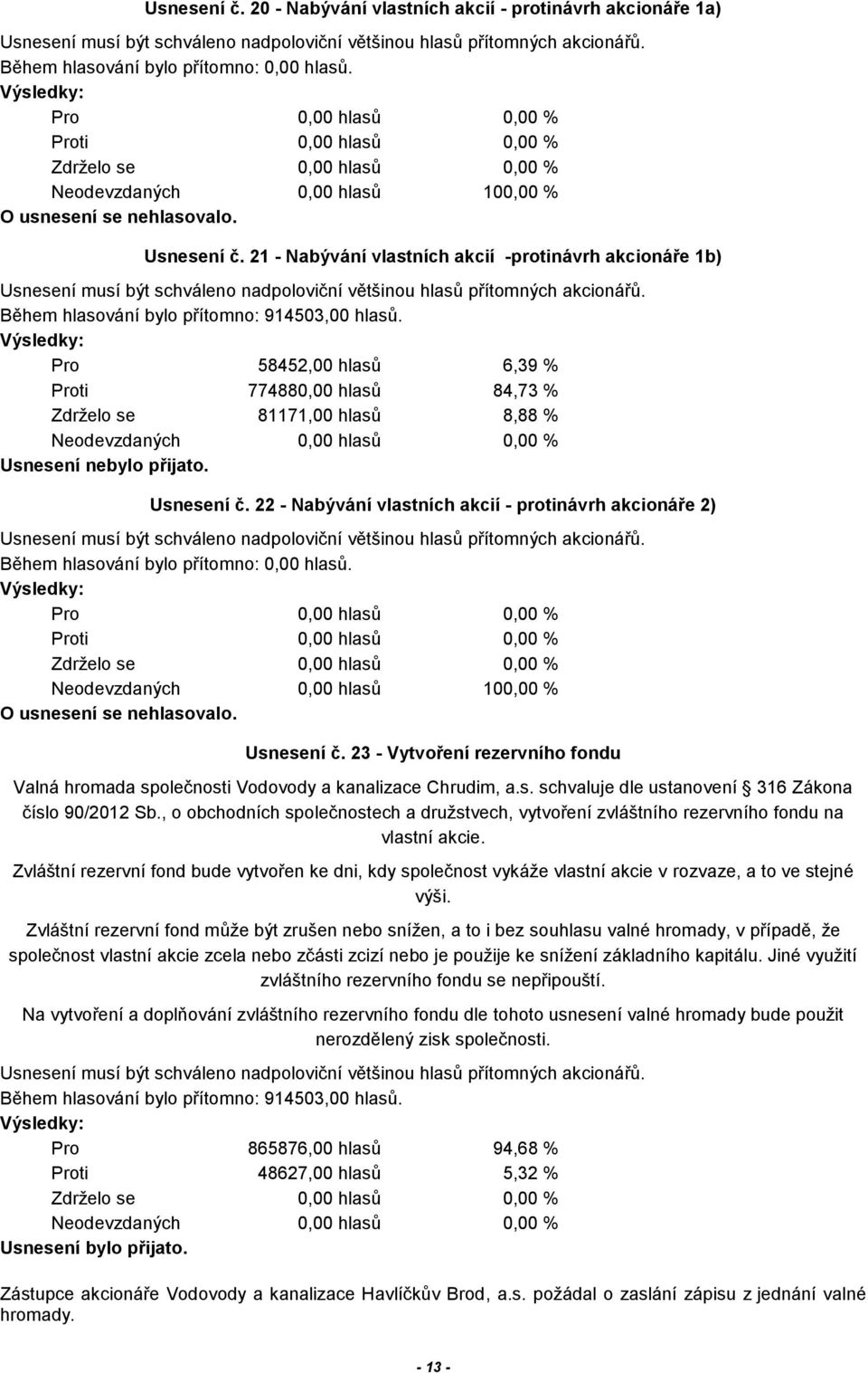 Pro 58452,00 hlasů 6,39 % Proti 774880,00 hlasů 84,73 % Zdrželo se 81171,00 hlasů 8,88 % Usnesení nebylo přijato. Usnesení č.