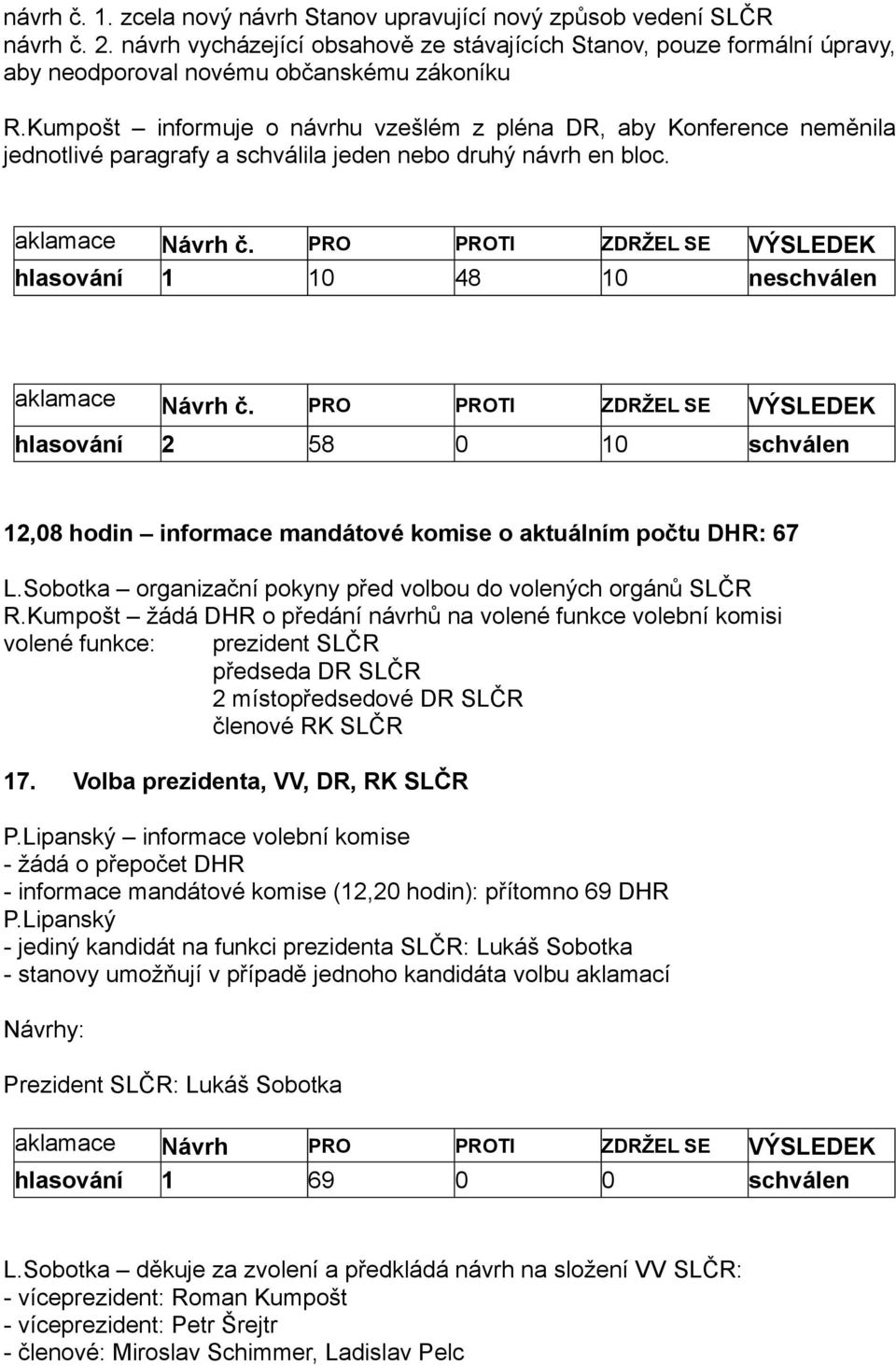 Kumpošt informuje o návrhu vzešlém z pléna DR, aby Konference neměnila jednotlivé paragrafy a schválila jeden nebo druhý návrh en bloc.