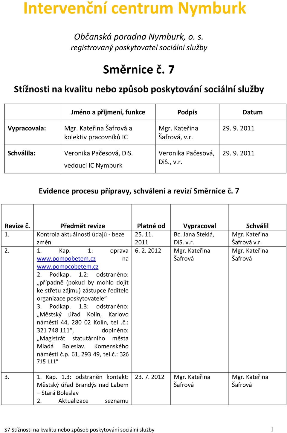 2011 Schválila: Veronika Pačesová, DiS. vedoucí IC Nymburk Veronika Pačesová, DiS., v.r. 29. 9. 2011 Evidence procesu přípravy, schválení a revizí Směrnice č. 7 Revize č.