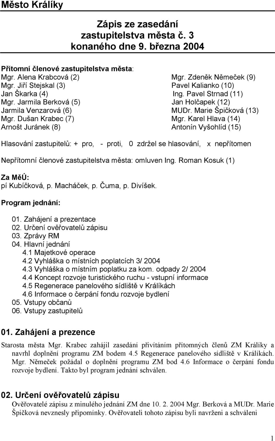 Karel Hlava (14) Arnošt Juránek (8) Antonín Vyšohlíd (15) Hlasování zastupitelů: + pro, - proti, 0 zdržel se hlasování, x nepřítomen Nepřítomní členové zastupitelstva města: omluven Ing.