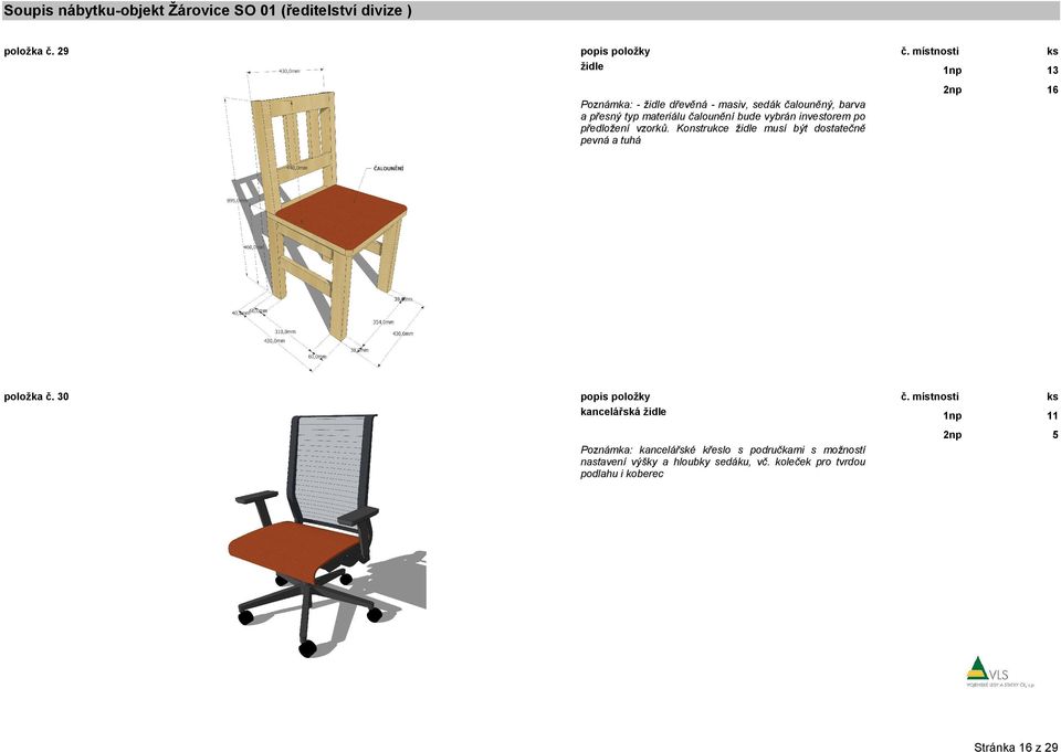 vybrán investorem po předložení vzorků. Konstrukce židle musí být dostatečně pevná a tuhá 2np 6 položka č.