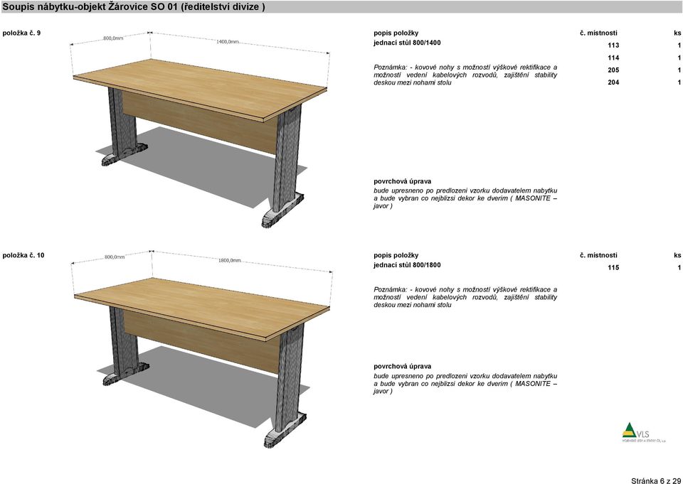 kabelových rozvodů, zajištění stability deskou mezi nohami stolu 4 205 204 položka č.