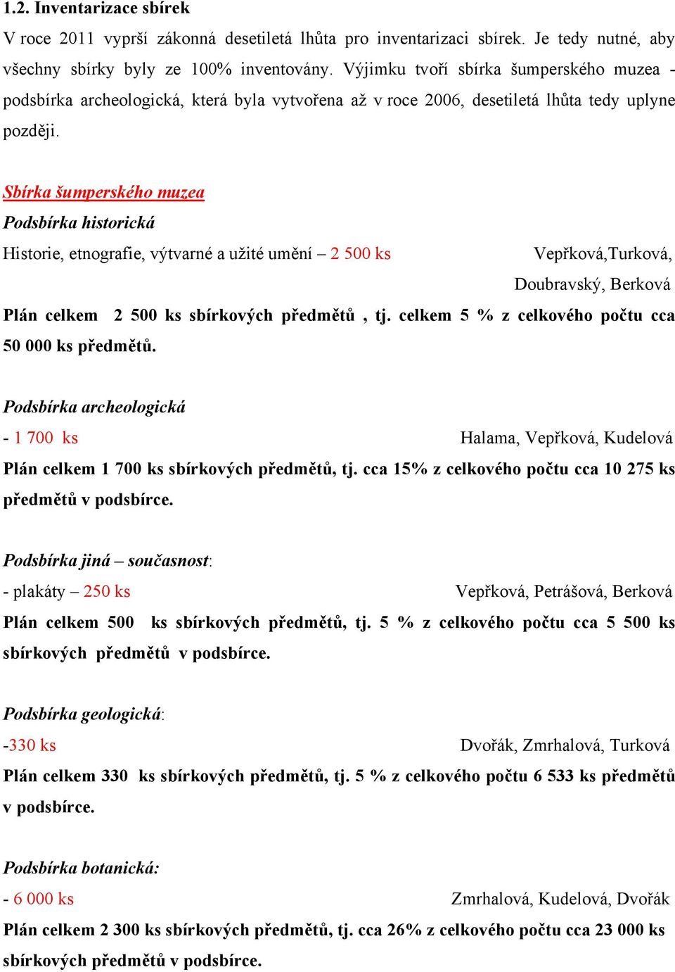 Sbírka šumperského muzea Historie, etnografie, výtvarné a užité umění 2 500 ks Vepřková,Turková, Doubravský, Berková Plán celkem 2 500 ks sbírkových předmětů, tj.