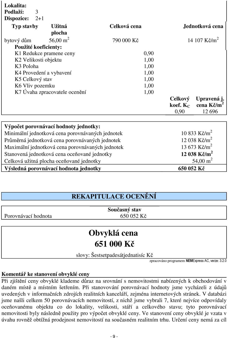 m 2 Výsledná porovnávací hodnota jednotky 650 052 Kč REKAPITULACE OCENĚNÍ Porovnávací hodnota Současný stav 650 052 Kč Obvyklá cena 651 000 Kč slovy: Šestsetpadesátjednatisíc Kč zpracováno programem