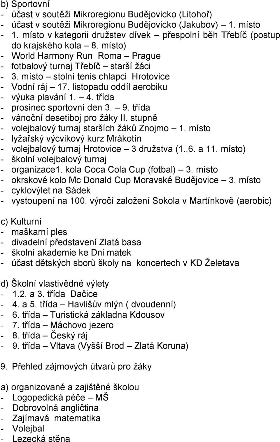 místo stolní tenis chlapci Hrotovice - Vodní ráj 17. listopadu oddíl aerobiku - výuka plavání 1. 4. třída - prosinec sportovní den 3. 9. třída - vánoční desetiboj pro ţáky II.