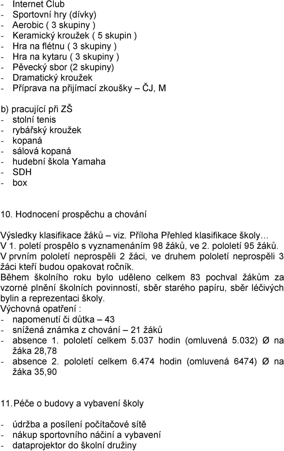 Hodnocení prospěchu a chování Výsledky klasifikace ţáků viz. Příloha Přehled klasifikace školy V 1. poletí prospělo s vyznamenáním 98 ţáků, ve 2. pololetí 95 ţáků.