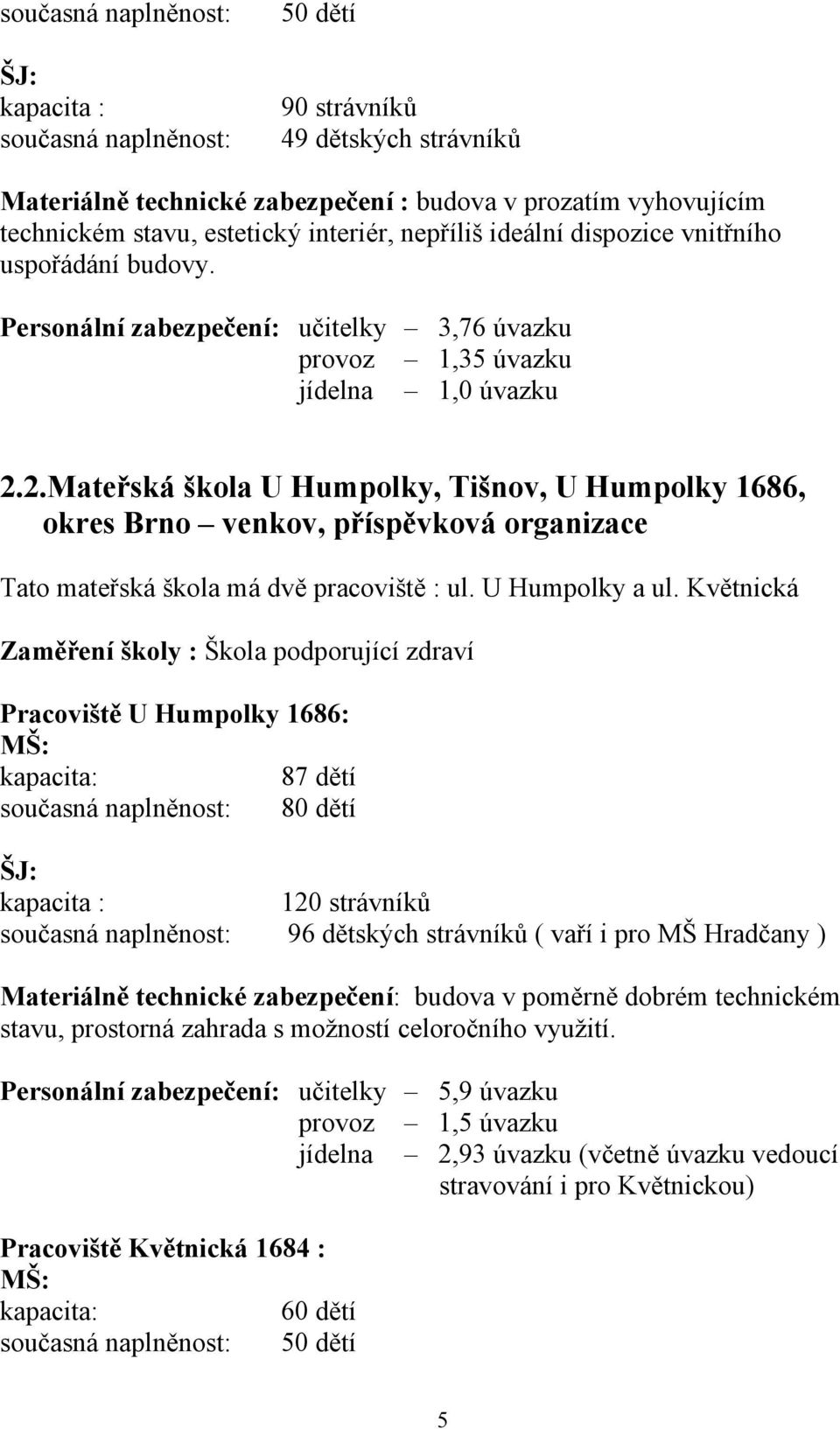 2.Mateřská škola U Humpolky, Tišnov, U Humpolky 1686, okres Brno venkov, příspěvková organizace Tato mateřská škola má dvě pracoviště : ul. U Humpolky a ul.