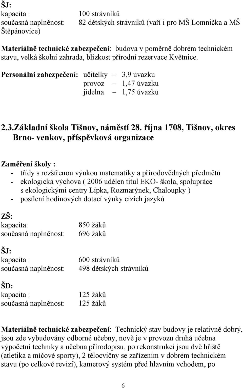 října 1708, Tišnov, okres Brno- venkov, příspěvková organizace Zaměření školy : - třídy s rozšířenou výukou matematiky a přírodovědných předmětů - ekologická výchova ( 2006 udělen titul EKO- škola,