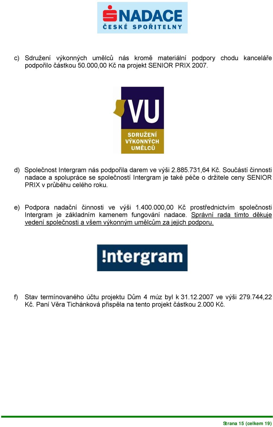 Součástí činnosti nadace a spolupráce se společností Intergram je také péče o držitele ceny SENIOR PRIX v průběhu celého roku. e) Podpora nadační činnosti ve výši 1.400.