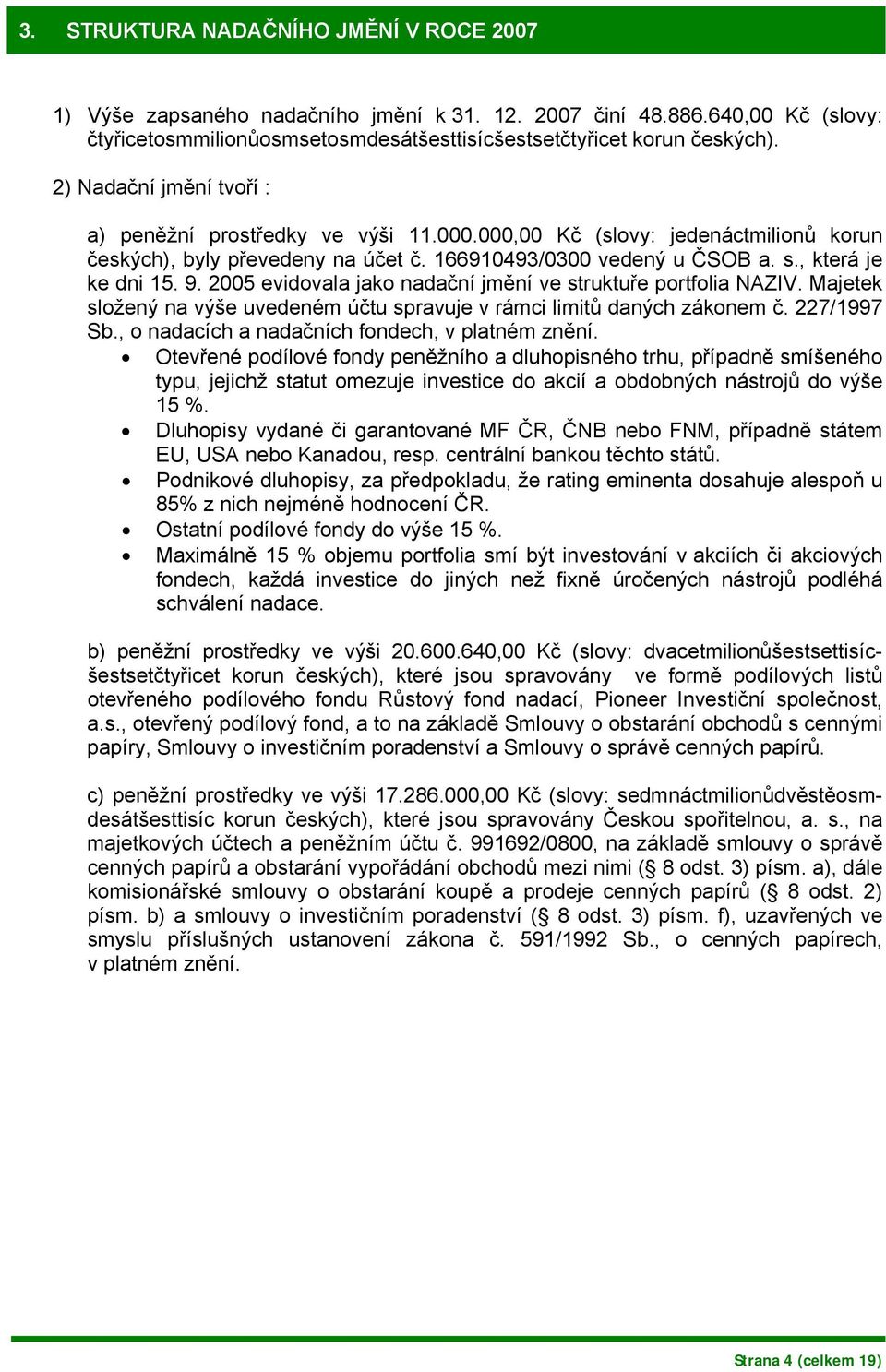 2005 evidovala jako nadační jmění ve struktuře portfolia NAZIV. Majetek složený na výše uvedeném účtu spravuje v rámci limitů daných zákonem č. 227/1997 Sb.