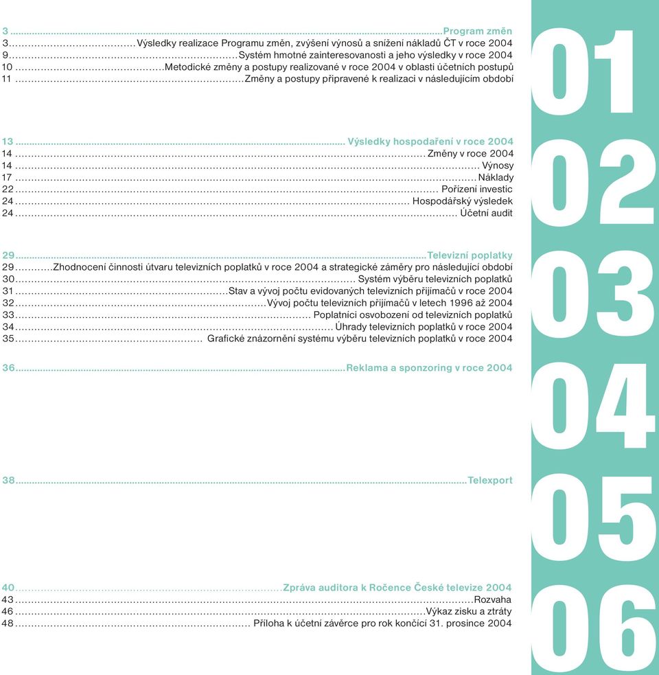 .. Změny v roce 2004 14... Výnosy 17...Náklady 22... Pořízení investic 24... Hospodářský výsledek 24... Účetní audit 29...Televizní poplatky 29.