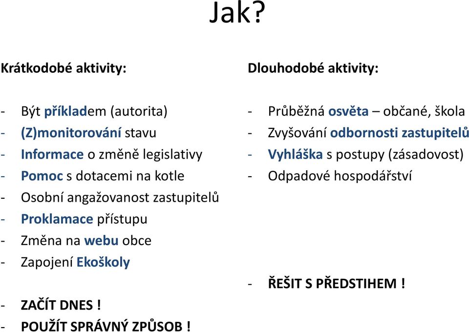 přístupu Změna na webu obce Zapojení Ekoškoly ZAČÍT DNES! POUŽÍT SPRÁVNÝ ZPŮSOB!