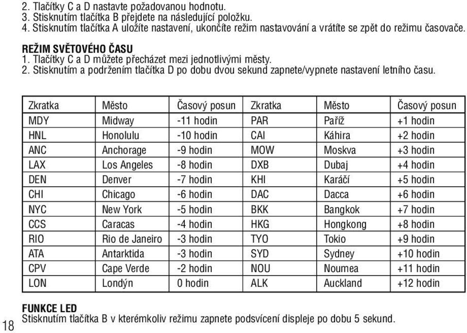 Stisknutím a podrïením tlaãítka D po dobu dvou sekund zapnete/vypnete nastavení letního ãasu.