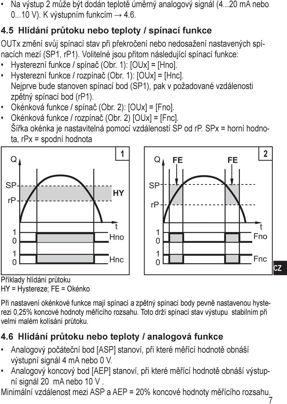 Volitelné jsou přitom následující spínací funkce: Hysterezní funkce / spínač (Obr. 1): [OUx] = [Hno]. Hysterezní funkce / rozpínač (Obr. 1): [OUx] = [Hnc].