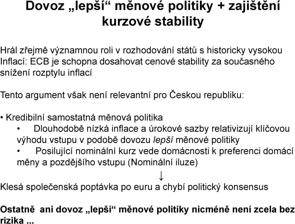 inflace a úrokové sazby relativizují klíčovou výhodu vstupu v podobě dovozu lepší měnové politiky Posilující nominální kurz vede domácnosti k preferenci domácí měny a