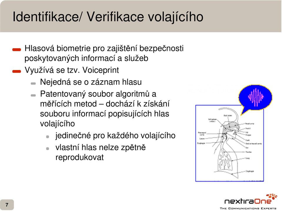 Voiceprint Nejedná se o záznam hlasu Patentovaný soubor algoritmů a měřících metod